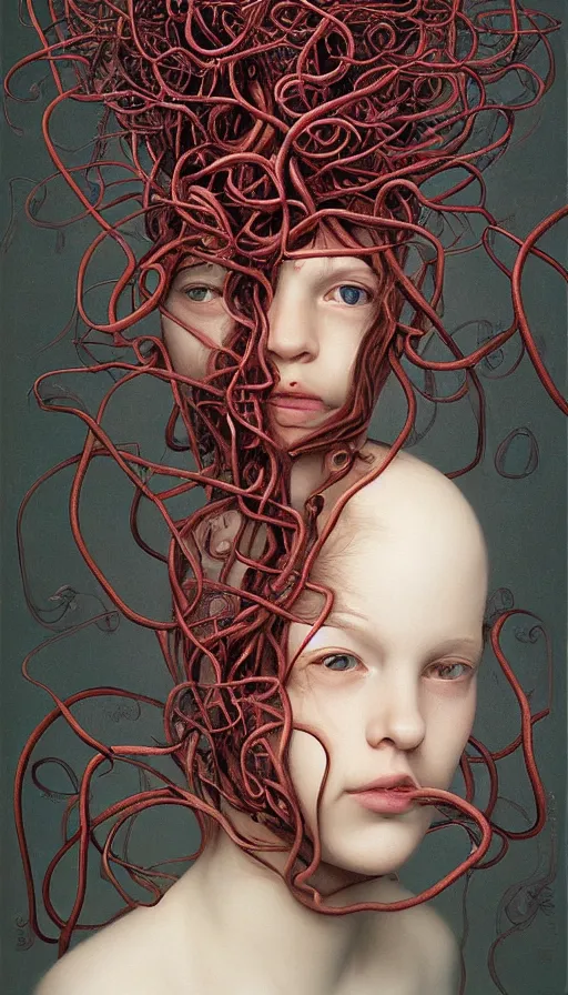 Image similar to very detailed portrait of a 2 0 years old girl surrounded by tentacles, the youg woman visage is blooming from fractal and vines, by gottfried helnwein