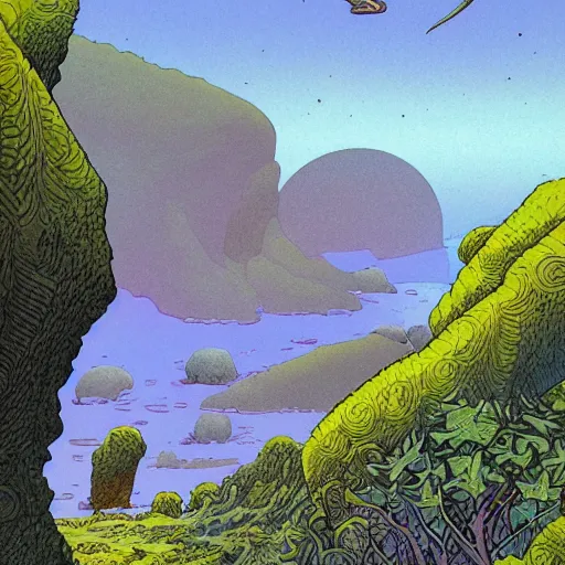 Prompt: illustration of a lush natural scene on an alien planet by moebius. detailed. beautiful landscape. colourful weird vegetation. cliffs and water.