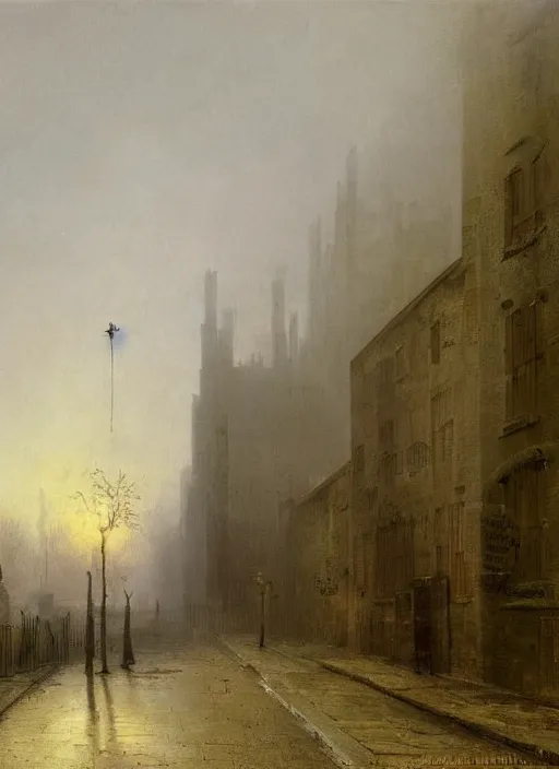 Image similar to 1 9 th century london, dark, shady alleys, pub, pub sign, thick fog, coherent composition, art by caspar david friedrich, thomas lawrence, john martin
