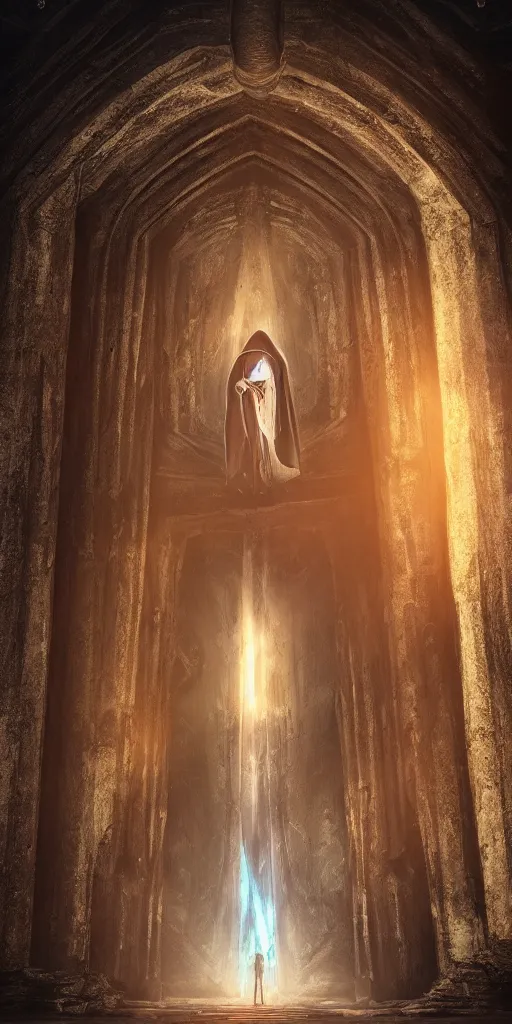 Image similar to a wizard in a cloak standing in front of an ancient portal to wisdom, tall door, high ceiling, magic light, light beam, cinematic atmosphere, high definition, ultra detailed