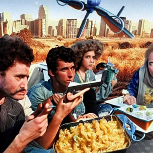 Image similar to refugees from a dystopian future escape over a never ending barricade of mac n' cheese. Drones shoot at them from the sky. Photograph from big budget science fiction 1980s movie.