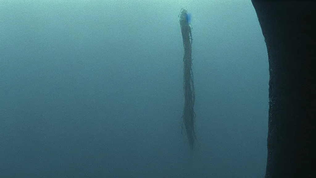 Image similar to the strange creature at the bottom of the ocean, film still from the movie directed by Denis Villeneuve with art direction by Zdzisław Beksiński, long lens, shallow depth of field