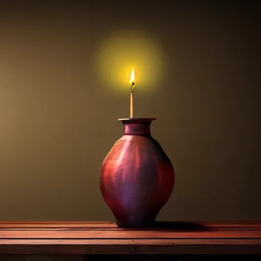 Image similar to a large vase on top of a antique wooden table, vegetables on table and candle, medieval concept art, cinematic lightning and colors, vray tracing, rendered in unreal engine, dark lightning, contrast shadows