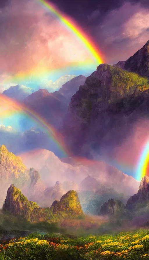 Prompt: enormously detailed hd photo of three rainbows at horizon, landscape with mountains and flowers, concept art, high quality painting, 8K detail post-processing