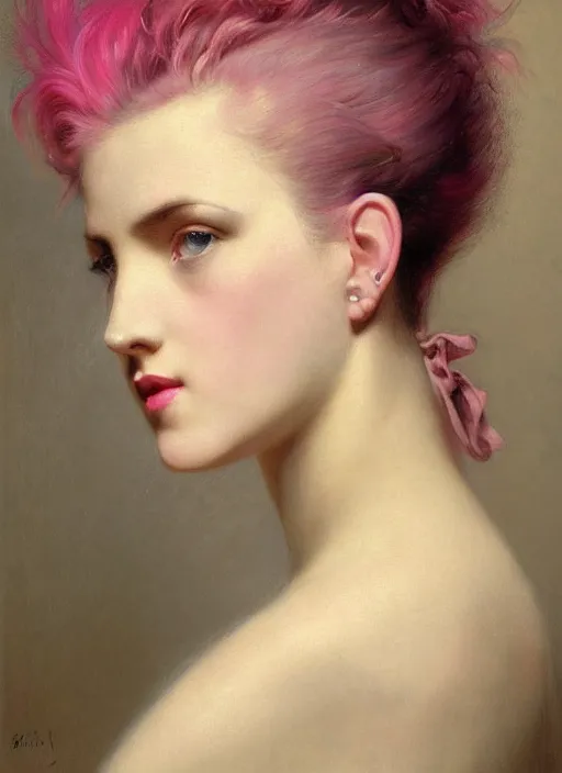 Image similar to a detailed portrait of woman with a mohawk by edouard bisson, year 1 9 4 0, pink hair, punk rock, oil painting, muted colours, soft lighting