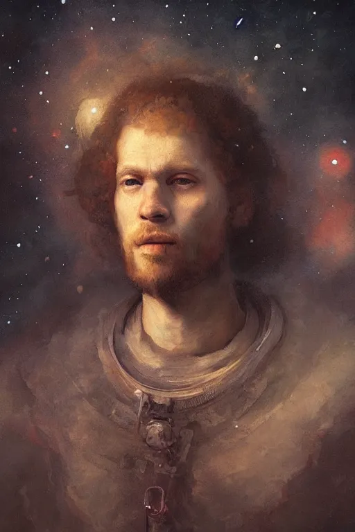 Prompt: a portrait of john of the black bands, soft painting, constellations and nebulae in the background, rembrandt style, elegant, highly detailed, artstation, concept art, matte, sharp focus, art by tom bagshaw, casimir art, kelogsloops and greg rutkowski