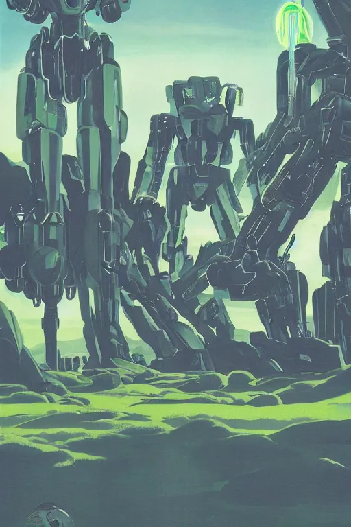 Prompt: giant mecha robot fight with giant сyclops with laser, swamps landscape and pillars by helen lundeberg