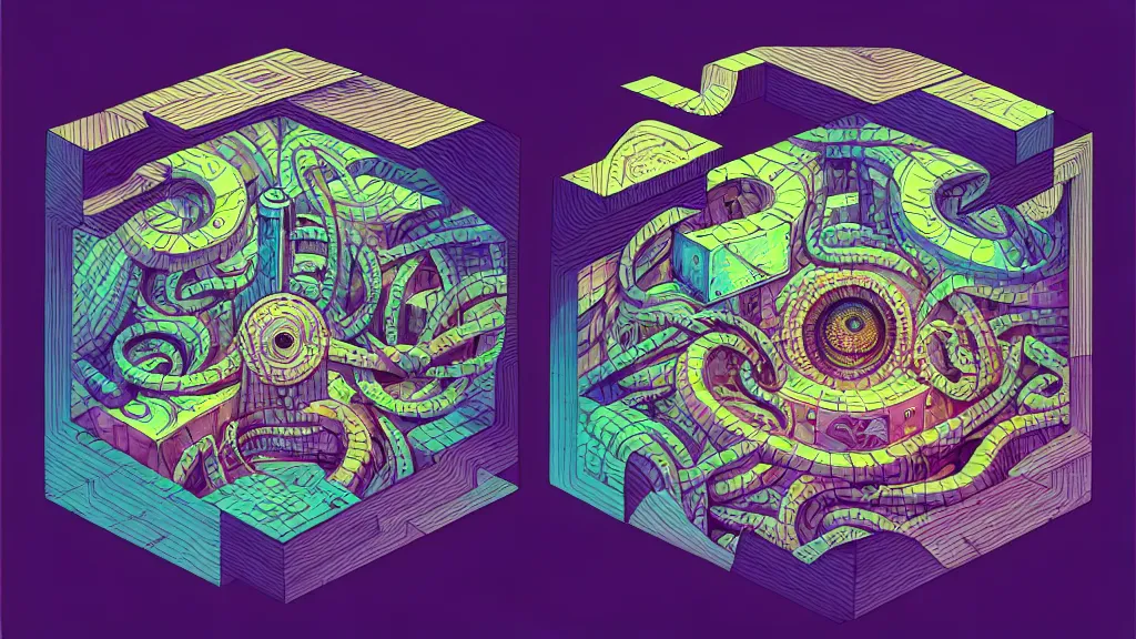 Image similar to twisted turn of fate abstraction, centered award winning ink pen illustration, isometric abstract illustration by dan mumford, edited by craola, technical drawing by beeple and tooth wu, tiny details by artgerm and watercolor girl, symmetrically isometrically centered