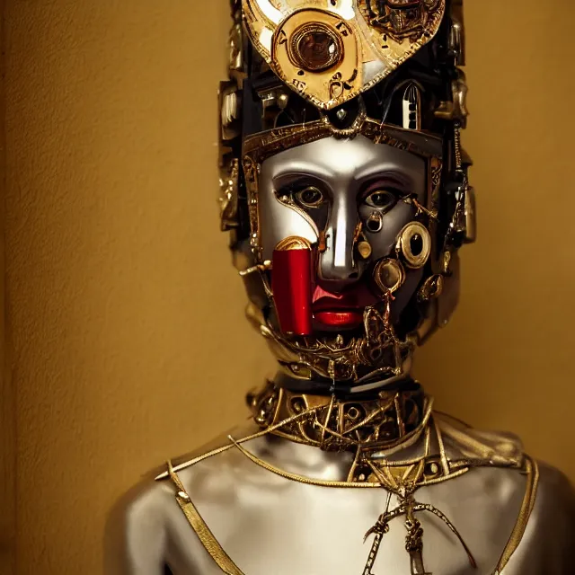 Image similar to a beautiful cyborg made of catholic symbols ceremonial maske