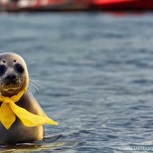 Image similar to a baby seal with a yellow tie eating watermelon in the harbor