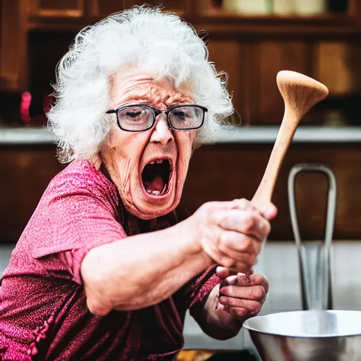 Prompt: elderly woman screaming at a wooden spoon, canon eos r 3, f / 1. 4, iso 2 0 0, 1 / 1 6 0 s, 8 k, raw, unedited, symmetrical balance, wide angle