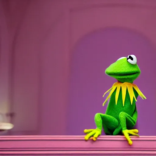 Image similar to kermit the frog in grand budapest hotel