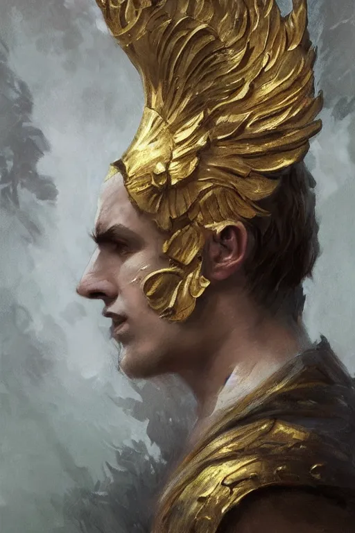 Image similar to a masculine elegant man from sideview and wearing golden laurel wreath, ethereal horror fantasy art by greg rutkowski and magali villanueve and monet con