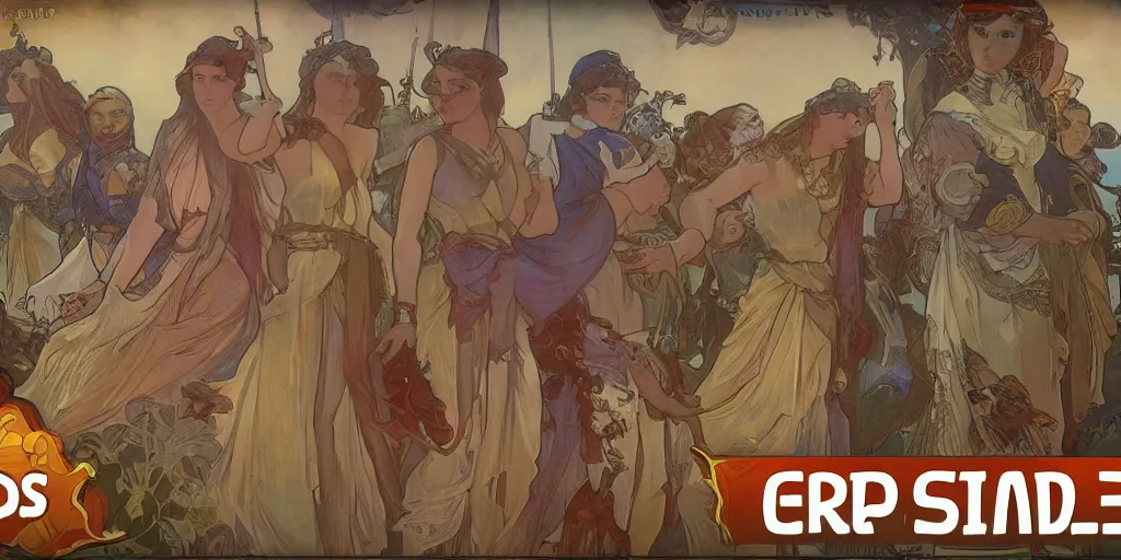 Prompt: rts game in style of Alfons Mucha, gameplay, warrior units