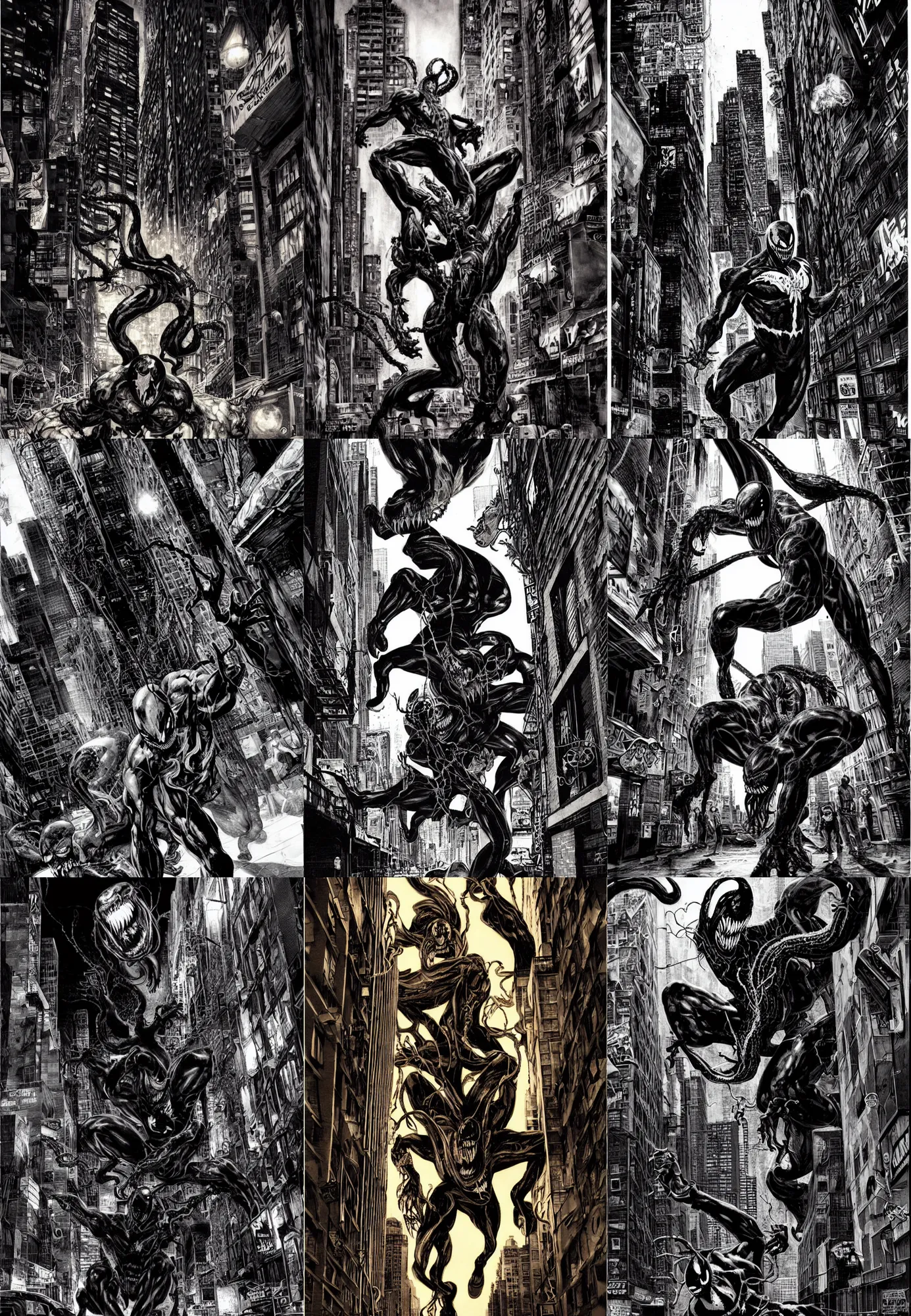 Prompt: venom in a new york alley at night by lee bermejo and simon bisley