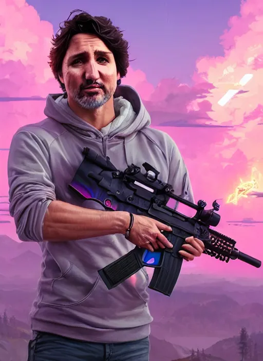 Image similar to highly detailed portrait justin trudeau in ( ( pink hoody rainbow socks ) ) holding ar - 1 5! in gta v stephen bliss unreal engine fantasy art by greg rutkowski loish rhads ferdinand knab makoto shinkai lois van baarle ilya kuvshinov rossdraws tom bagshaw global illumination radiant light detailed intricate environment