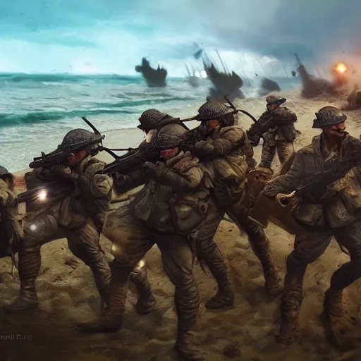 Image similar to rooster soldiers storming the beach d - day in normandy, hyperdetailed, artstation, cgsociety, 8 k