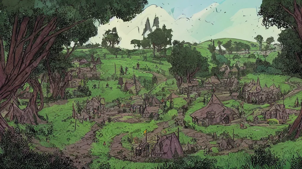 Image similar to a genndy tartakovsky illustration of the shire from lord of the rings