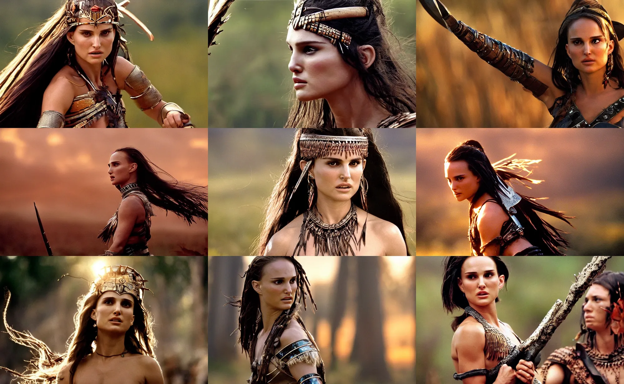 Prompt: epic photo of natalie portman as beautiful amazon warrior queen with long straight black hair blowing in the wind in a battle scene, action shot, money shot, sweaty, detailed eyes, neutral expression, shallow depth of field, photorealistic, cinematic lighting, lovely bokeh, warm colours, sunset south, strong rim light, movie quality, willow 1 9 8 5, movie still