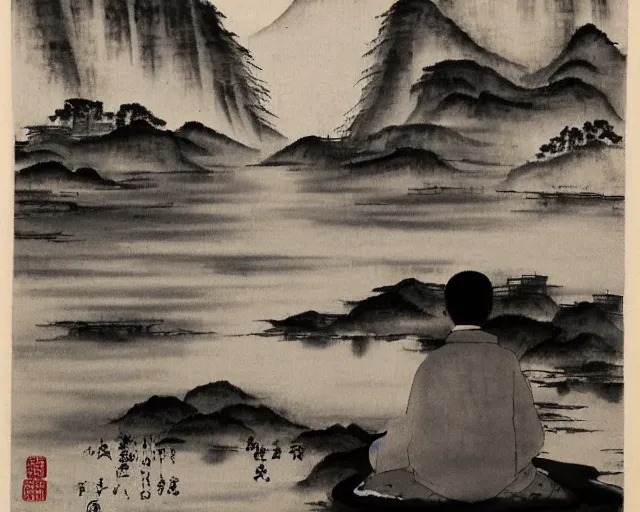 Image similar to zen monk meditating by a river, chinese landscape, traditional chinese ink painting,