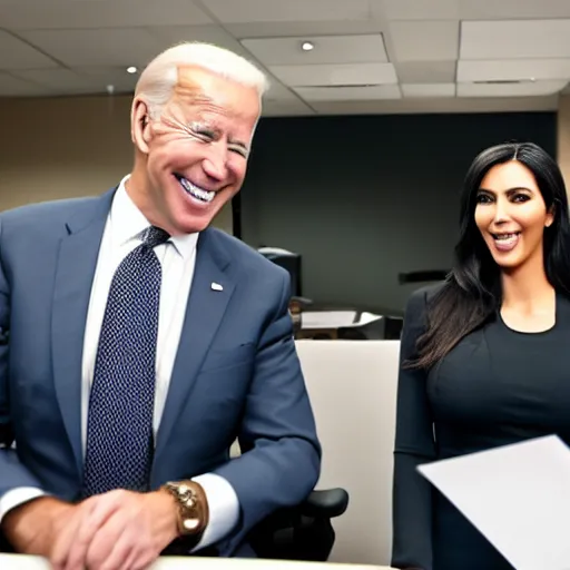 Image similar to stock photo of kim kardashian, and joe biden wearing suits and ties laughing in an office building, 8k resolution, full HD, cinematic lighting, award winning, anatomically correct