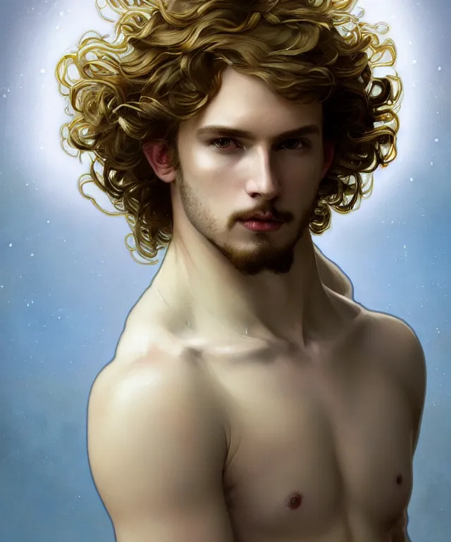 Prompt: fullbody symmetrical portrait of a beautiful young fit male angel with curly blond hairs, full dressed in long fluent clothes, majestic big dove wings, luminous halo, by greg rutkowski and alphonse mucha, gradient white to gold, in front of an iridescent background, highly detailed portrait, digital painting, artstation, concept art, smooth, sharp focus illustration