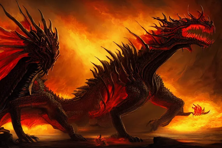 Prompt: Attack of the Eldritch Dragon, black, red, gold, fire, chaos, High Fantasy, by Gary Gygax, artstationHD, artstationHQ, deviantar, octane, HD, 8k, realism