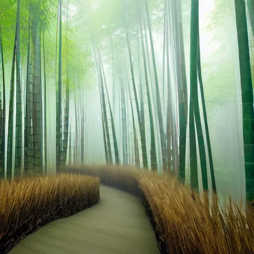 Image similar to round stone path in bamboo forest, dense fog