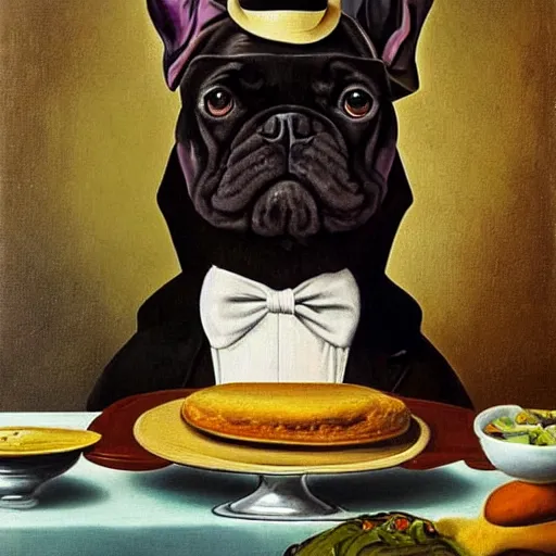 Prompt: a portrait picture of a black french bulldog wearing a dinner jacket wearing a hat wearing a hat wearing a hat sitting at a table at a crowded french cafe classic oil painting by salvador dali surrealism zoomed out