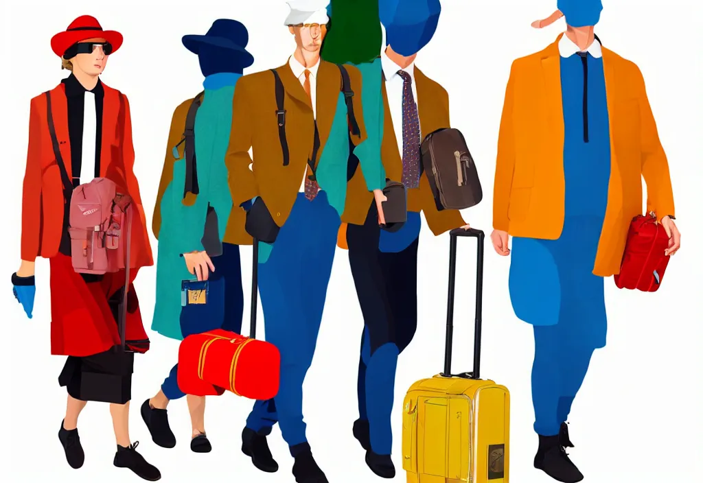 Prompt: full body portrait of a trio of european tourists autumn travel apparel, various poses walking and carrying luggage, character designs painting, in the style of wes anderson, rene magritte, lola dupre, david hockney, isolated on white background, dark monochrome neon spraypaint accents volumetric octane render