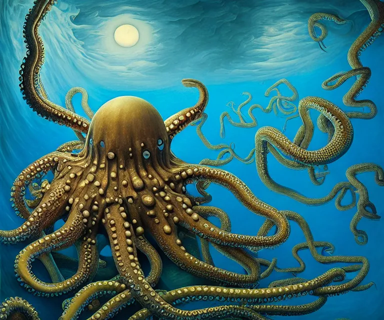 Image similar to hyper detailed 3d render like a Oil painting - a giant octopus patrolling the depths of the deep blue sea, by Jacek Yerka, Mariusz Lewandowski, Houdini algorithmic generative render, Abstract brush strokes, Masterpiece, Edward Hopper and James Gilleard, Zdzislaw Beksinski, Mark Ryden, Wolfgang Lettl, hints of Yayoi Kasuma, octane render, 8k