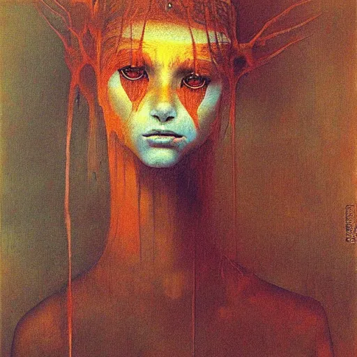 Image similar to portrait painting of wolf girl by Beksinski