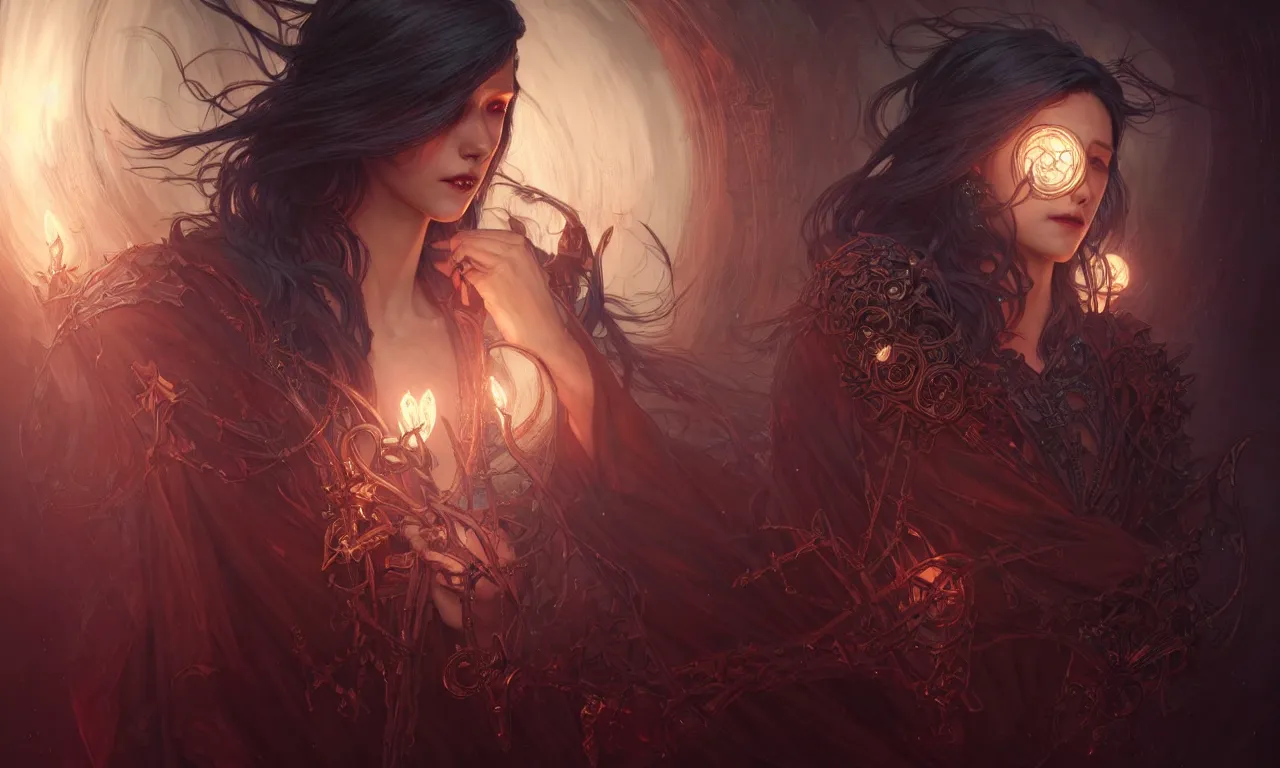 Image similar to Necromancer Sorceress in center, fantasy magic, undercut hairstyle, dark light night, intricate, elegant, sharp focus, illustration, highly detailed, digital painting, concept art, matte, art by WLOP and Artgerm and Greg Rutkowski and Alphonse Mucha, masterpiece