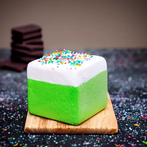 Prompt: photograph of a marshmallow cube with sprinkles on a dark wooden chopping board, chocolate drizzle, green pastel colours, hessian cloth, styled food photography, photorealistic, 4 k