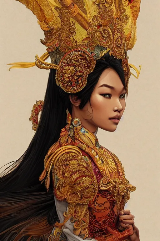 Image similar to portrait of an indonesian supermodels wearing traditional costume, highly detailed, digital painting, artstation, concept art, sharp focus, illustration, art by kittichai rueangchaichan and james gurney and alphonse mucha