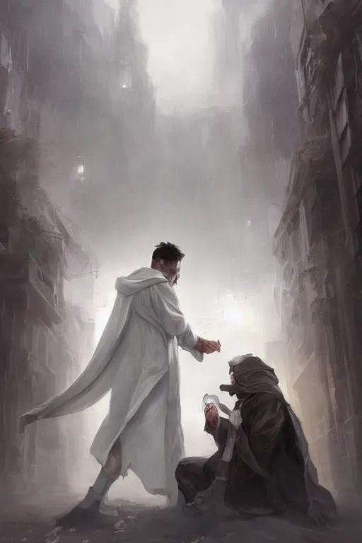 Image similar to a mysterious guy in a white cloak stopping a bus from hitting him by using his telekinetic powers, fantasy, digital painting, WLOP, trending on artstation, 8k, epic composition, highly detailed, sharp focus