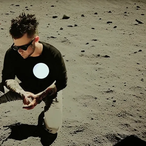 Image similar to dustin bates from starset band doing an epic cinematic pose on the moon, incredibly highly detailed, my demons video, masterpiece