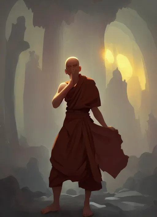 Prompt: A monk guiding a lost soul through bardo, in the Style of Artgerm and Charlie Bowater and Atey Ghailan and Mike Mignola, vibrant colors and hard shadows and strong rim light, Comic Cover Art, plain background, trending on artstation