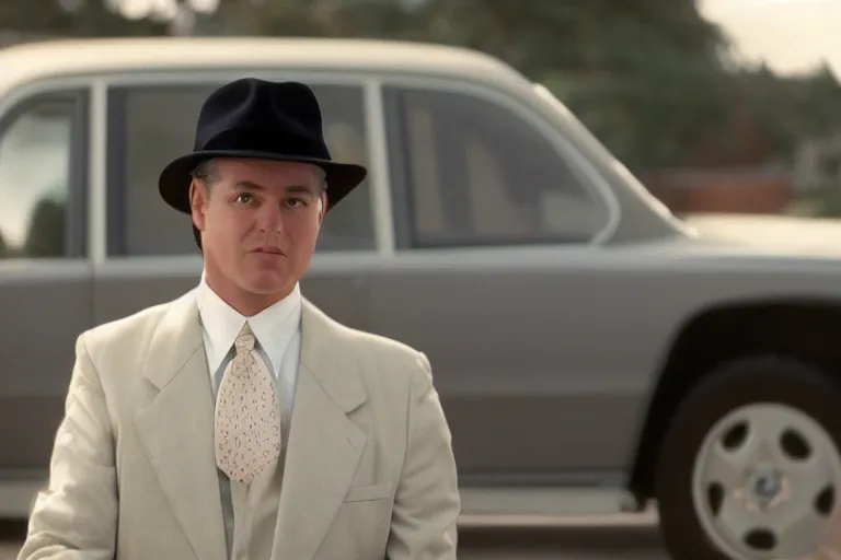 Prompt: cinematic still of portly clean-shaven white man wearing suit and necktie and boater hat as car salesman in 1994 film, XF IQ4, f/1.4, ISO 200, 1/160s, 8K, RAW, dramatic lighting, symmetrical balance, in-frame