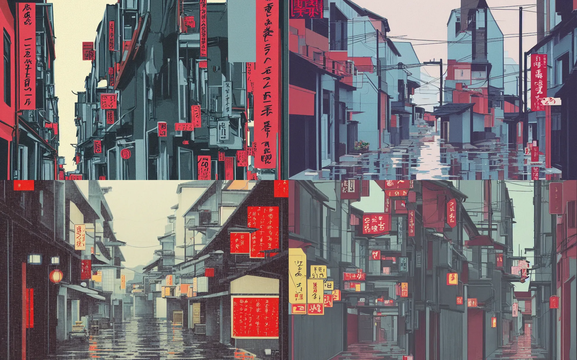 Prompt: A rainy japanese alleyway, in the style of hiroshi nagai