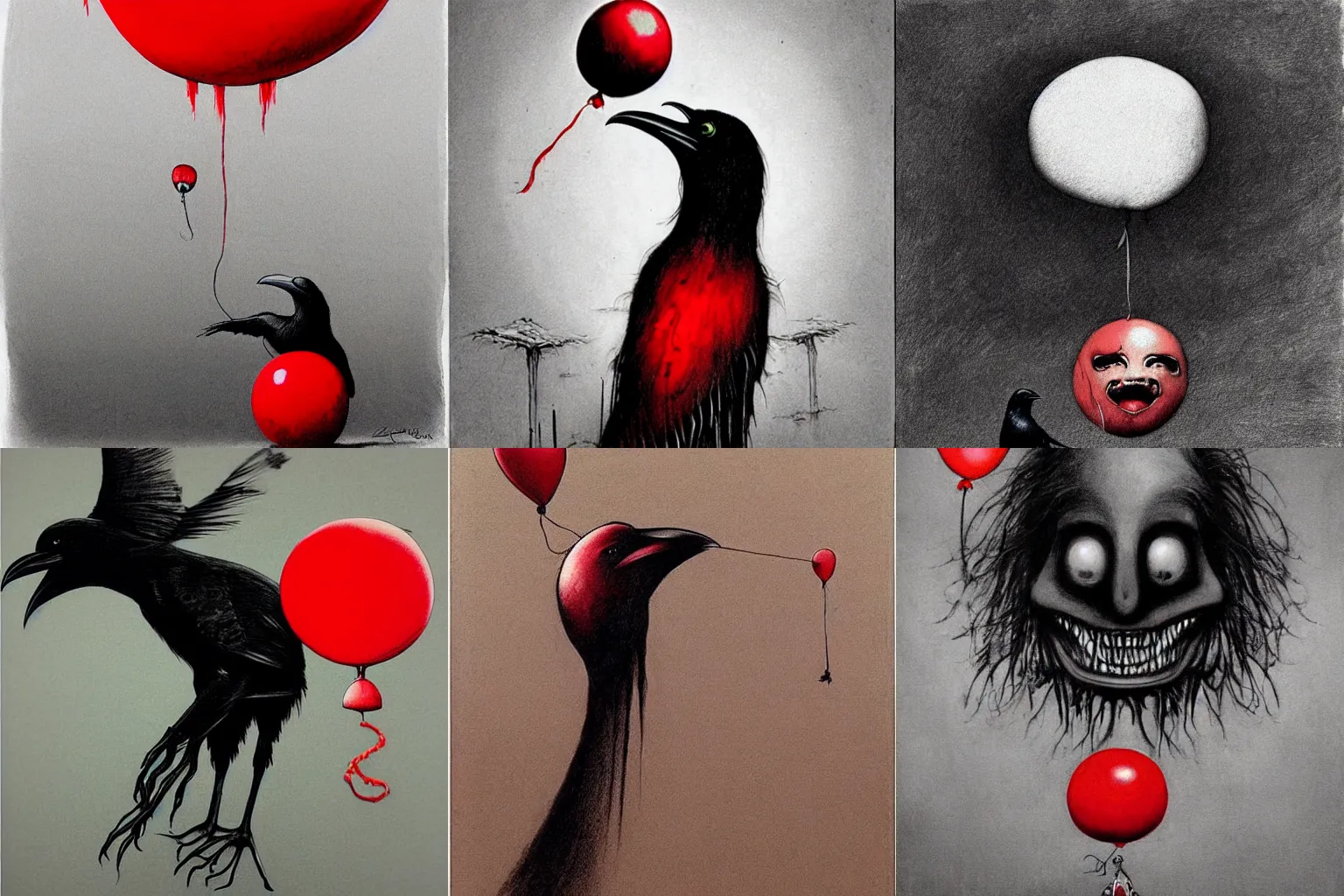 Prompt: surrealism grunge cartoon sketch of a raven with a wide smile and a red balloon by - zdzisław Beksiński, loony toons style, horror theme, detailed, elegant, intricate