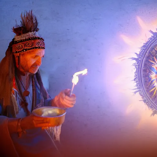 Image similar to a shaman preparing a magic decoction in a dreamy atmosphere, 4 k, 3 d, photo