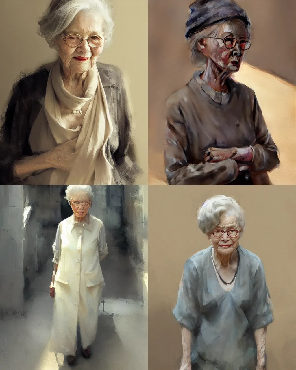 Prompt: old lady in modern fashion, half - length photo, illustration, perfectly shaded, atmospheric lighting, by ruan jia an krenz cushart