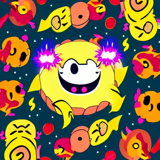 Image similar to kawaii wacky fluffy popcorn with lightning bolt power, yokai, in the style of a mamashiba, with a yellow beak, with a toroidal energy field, with a smiling face and flames for hair, sitting on a lotus flower, white background, simple, clean composition, symmetrical, suitable for use as a logo