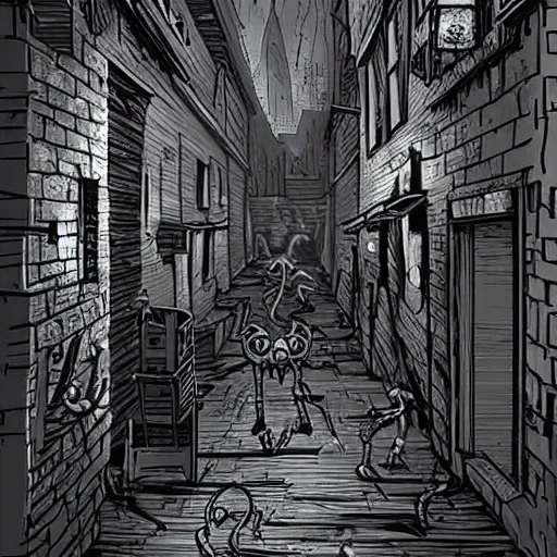 Prompt: Eldritch horrors in a dark alley