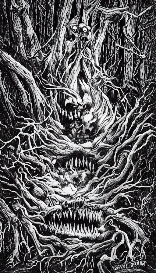 Prompt: a storm vortex made of many demonic eyes and teeth over a forest, by ed roth