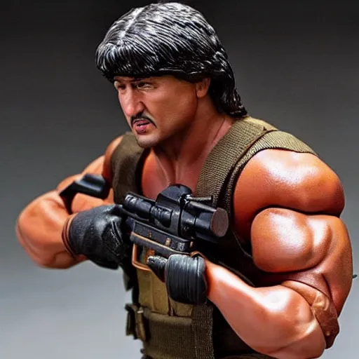 Image similar to 12 inch full body lifelike action figure of Stallone as Rambo. Big muscles. Holding a fully automatic rifle