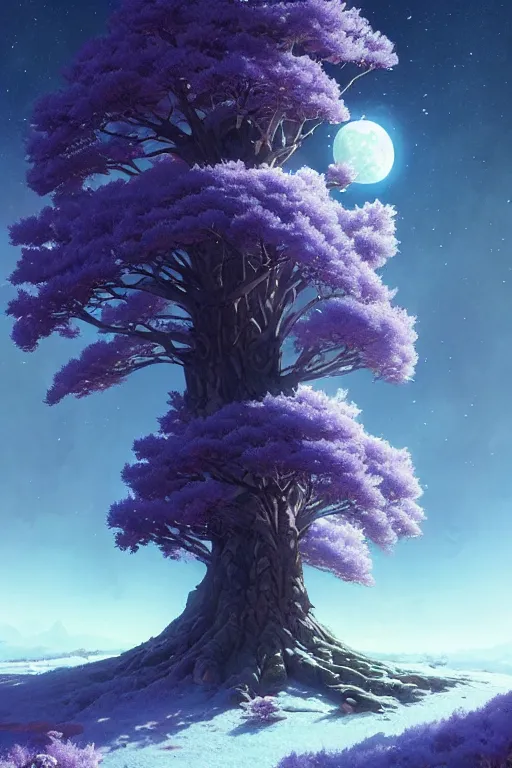 Image similar to giant tree in snow with purple flowers on the moon, unreal engine, fantasy art by greg rutkowski, loish, rhads, ferdinand knab, makoto shinkai and lois van baarle, ilya kuvshinov, rossdraws, tom bagshaw, global illumination, radiant light, detailed and intricate environment