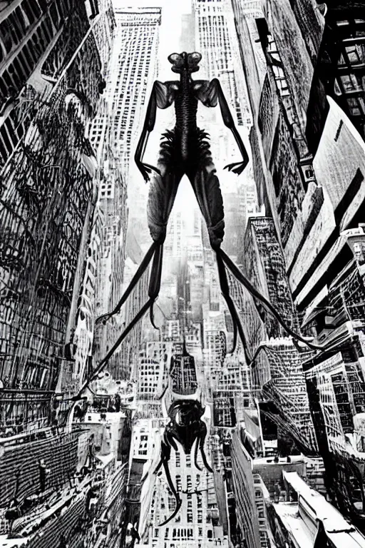 Prompt: a giant praying mantis destroys new york, horror sci - fi black and white poster