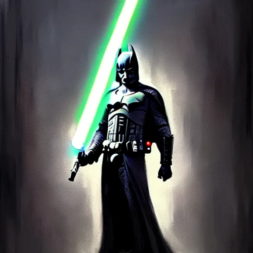 Prompt: the dark knight holding a lightsaber, highly detailed, extremely realistic, dark, digital painting, concept art, intricate, elegant, art by greg rutkowski